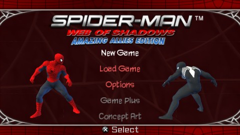 Spiderman: Web of Shadows title screen for PSP
